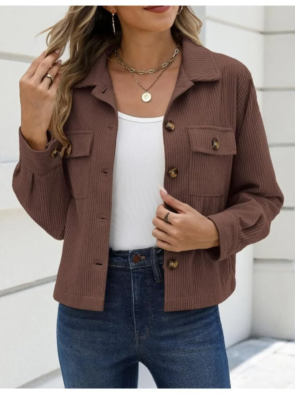 Women's Brown Fashion Cropped Corduroy Button Down Long Sleeve Trendy Jacket
